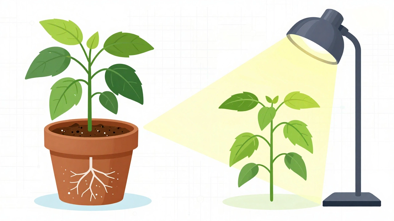 Conceptual illustration of plant roots, drainage, and LED grow lights