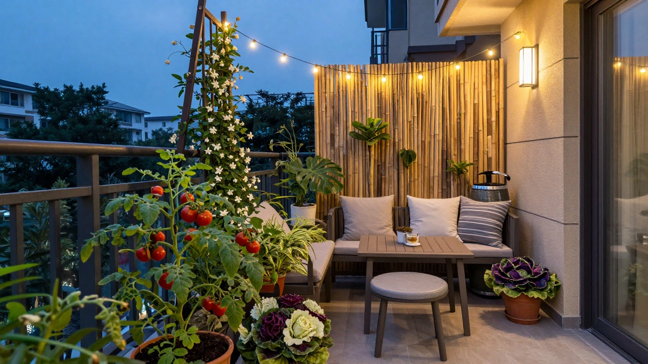 Cozy balcony retreat with string lights and diverse plants