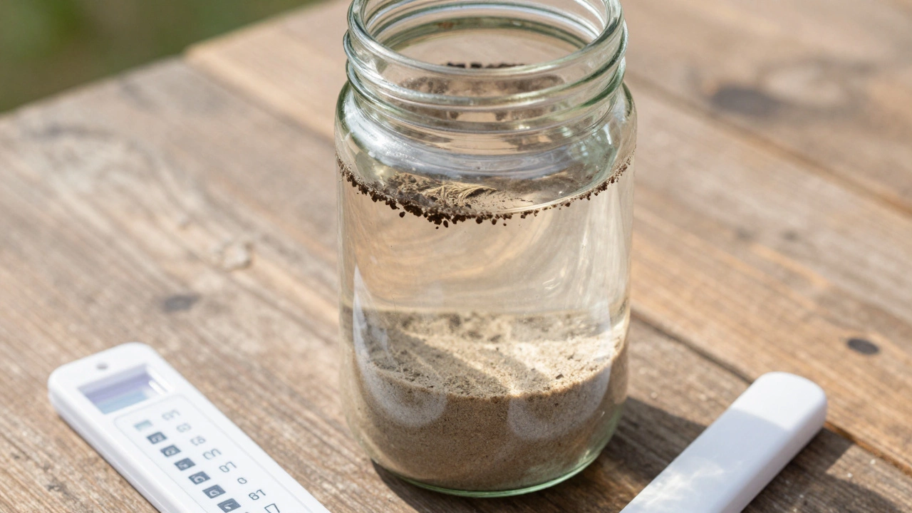 Glass jar showing layered soil separation for identification test