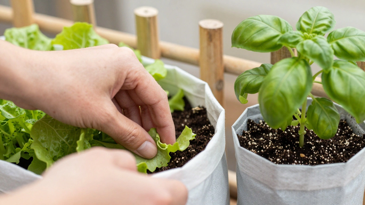 Hands checking soil in lightweight grow bags with herbs