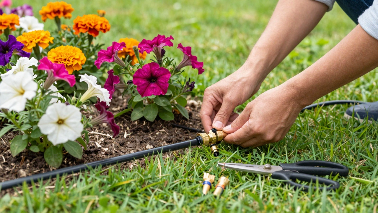 Hands installing black drip tubing in a colorful flower garden bed