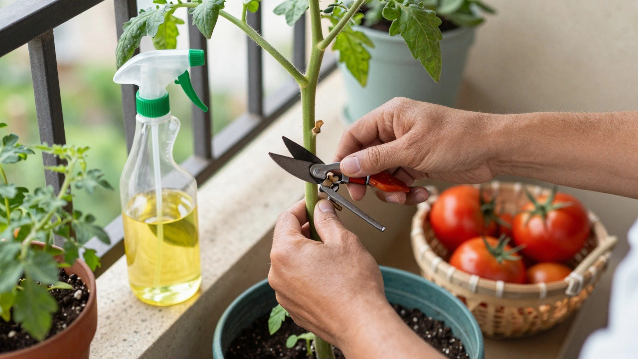 Hands pruning a tomato plant on an apartment balcony