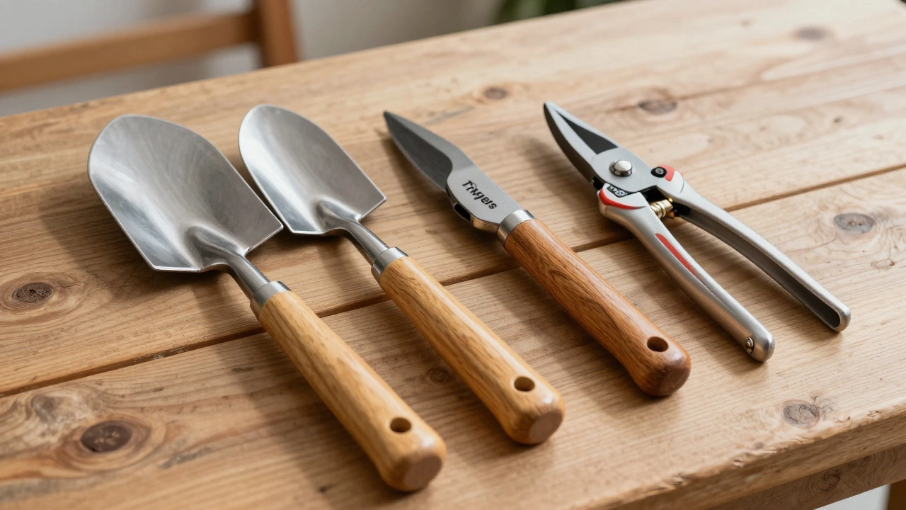 High-quality garden tools including spades and forks on a wooden bench