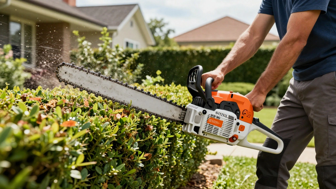 Landscaper using a powerful chainsaw to trim a hedge in a garden