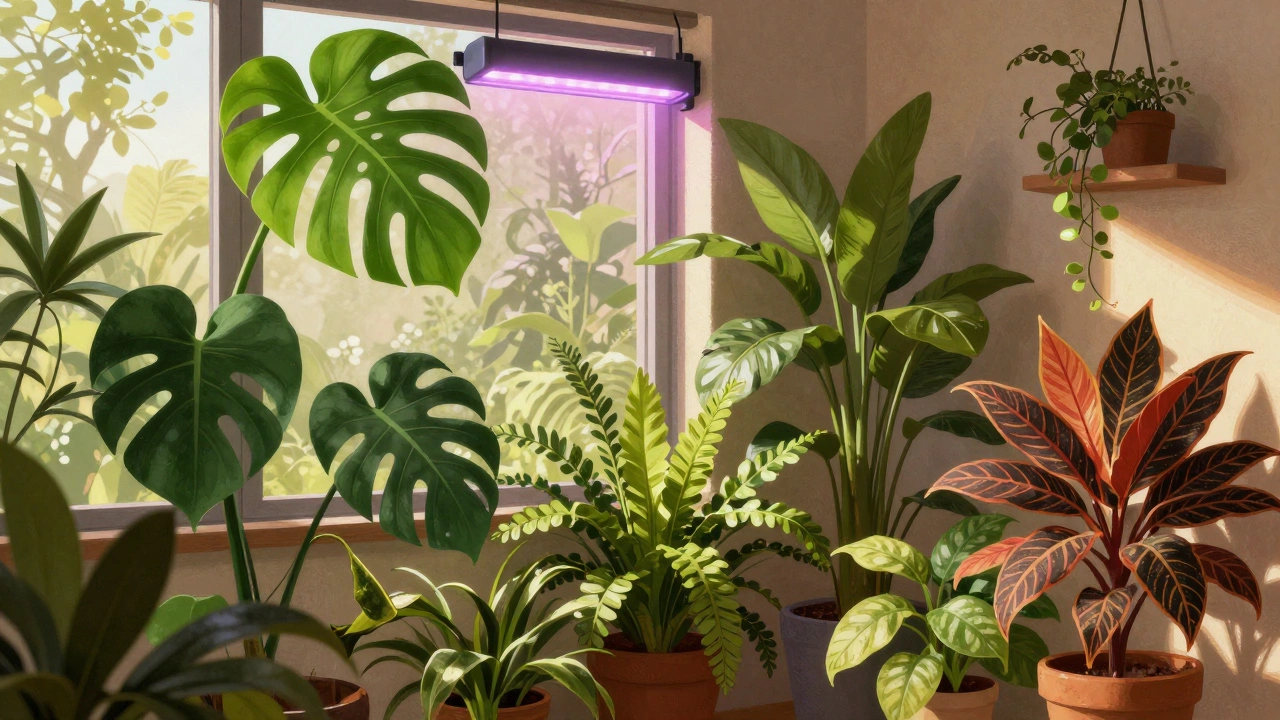 Lush indoor plant corner with LED grow light support