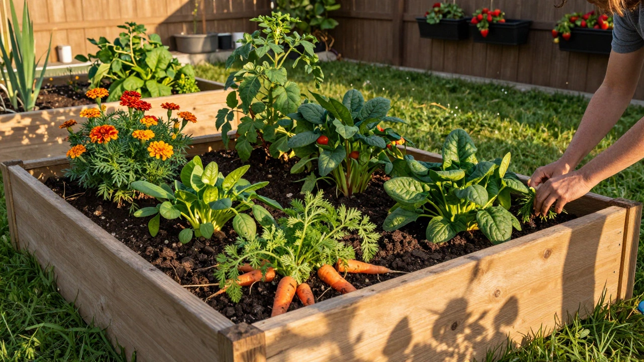 Lush raised bed garden with tomatoes, carrots, and marigolds at sunset