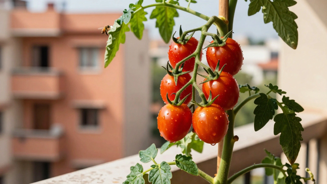 Ripe cherry tomatoes growing vertically on a balcony vine