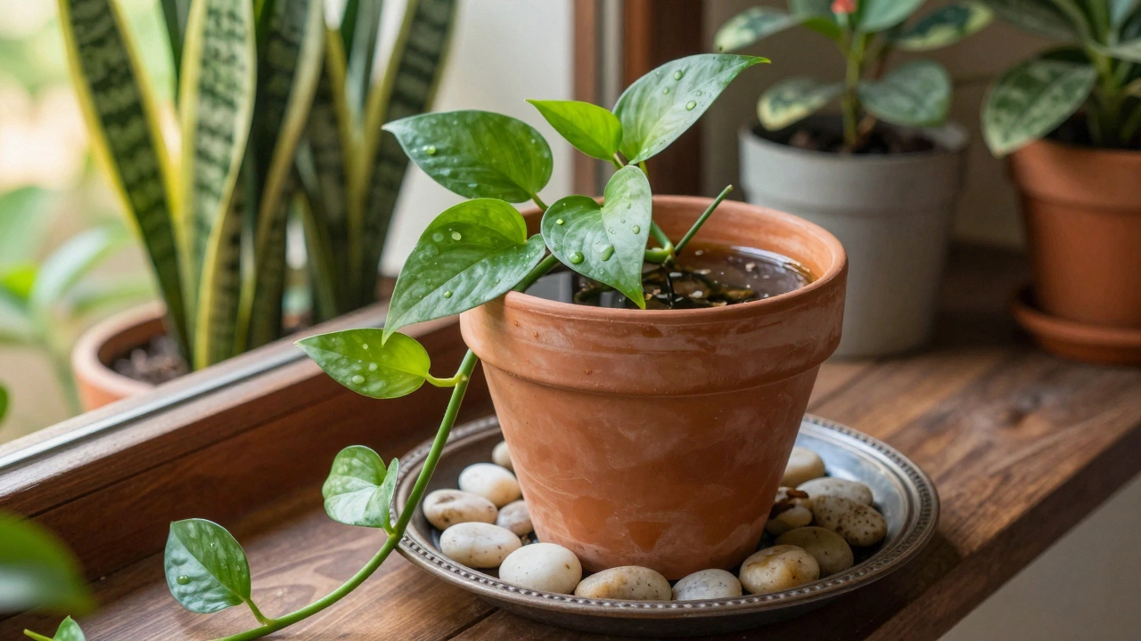 Terracotta pot on pebble tray with trailing Pothos vines