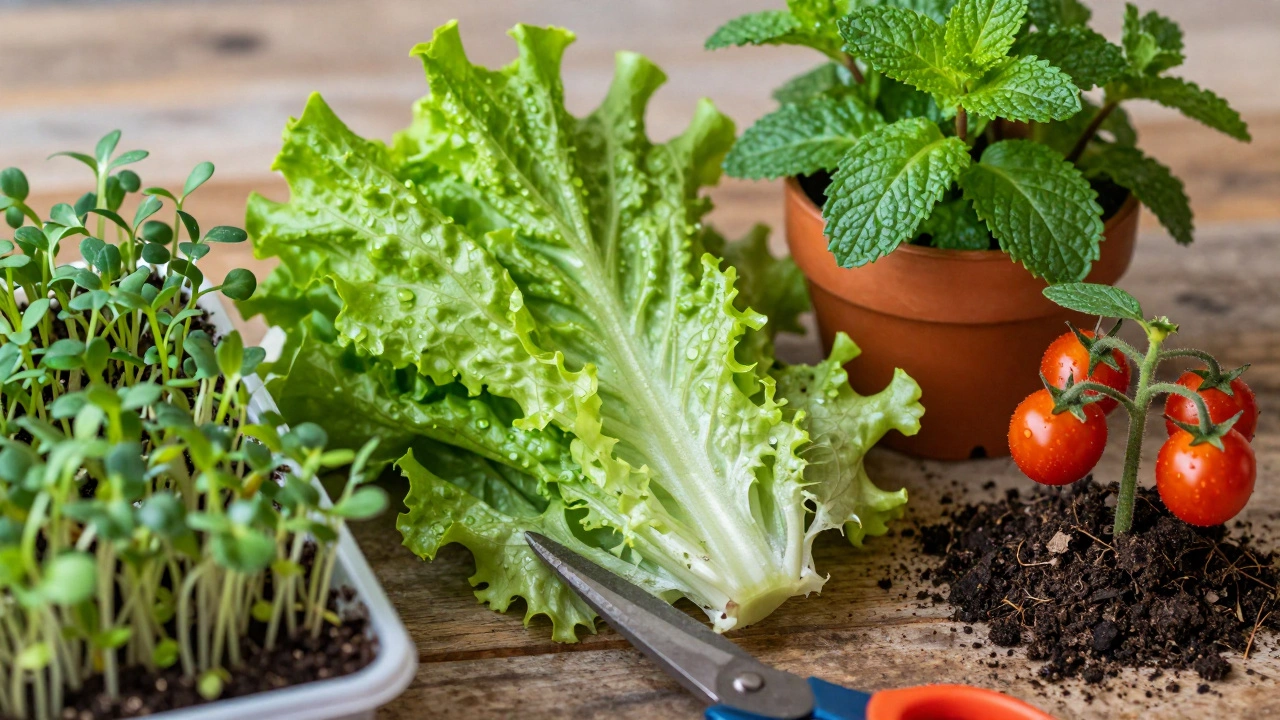 Variety of kitchen-grown vegetables including microgreens, lettuce, and tomatoes