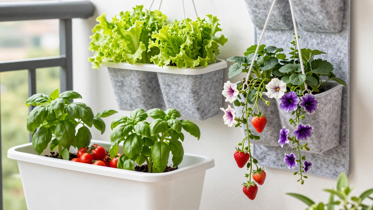 Vertical balcony garden with hanging baskets and wall planters