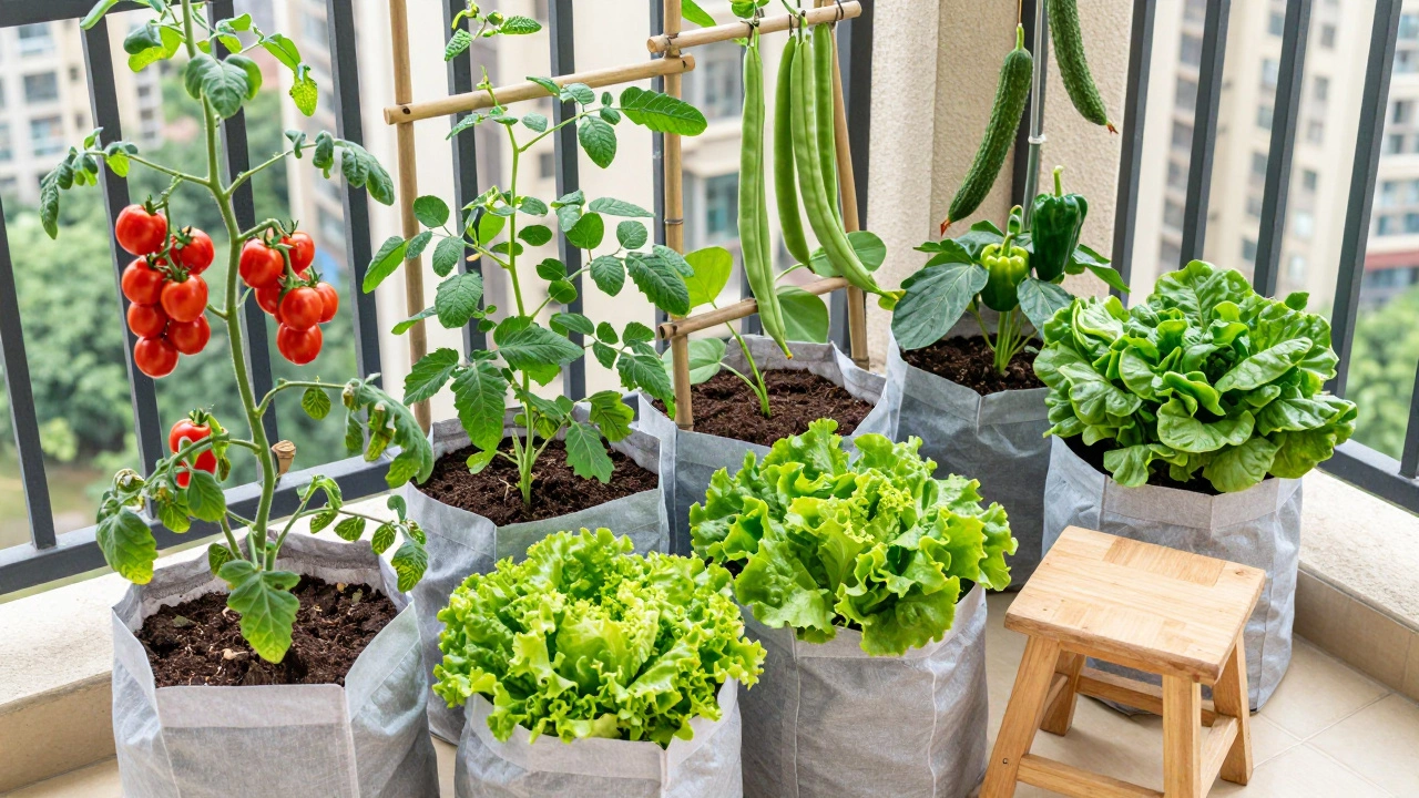 Vertical vegetable garden with tomatoes and beans on a small balcony