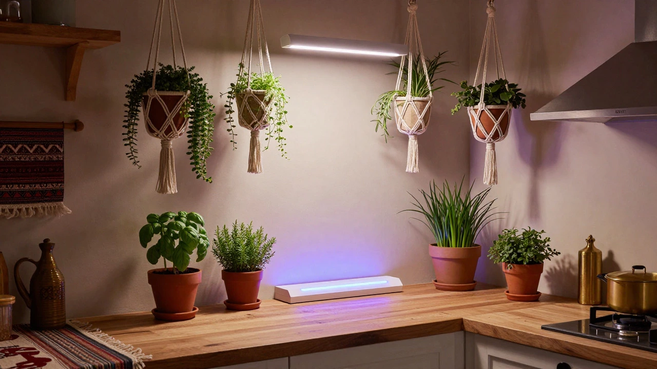 Aesthetic kitchen garden with hanging herbs and LED grow lights in a cozy room.