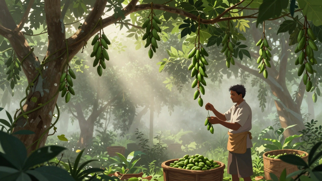 Cardamom pods growing under shade trees in a misty Western Ghats plantation