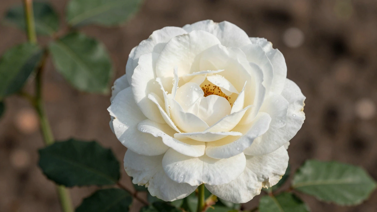 Close-up of a hardy white Madame Alfred Carriere rose in morning light