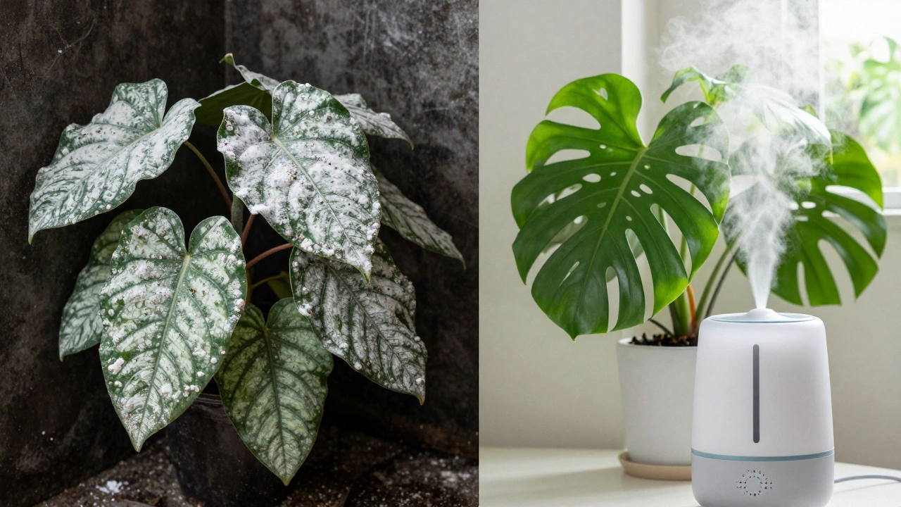 Contrast between moldy plant in stagnant air and healthy plant near humidifier