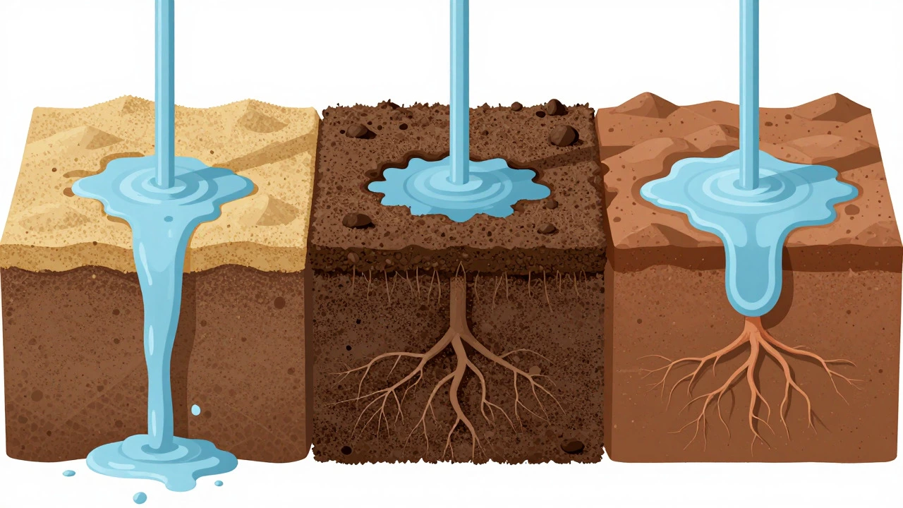 Cross-section comparison of water absorption in sandy, loam, and clay soils