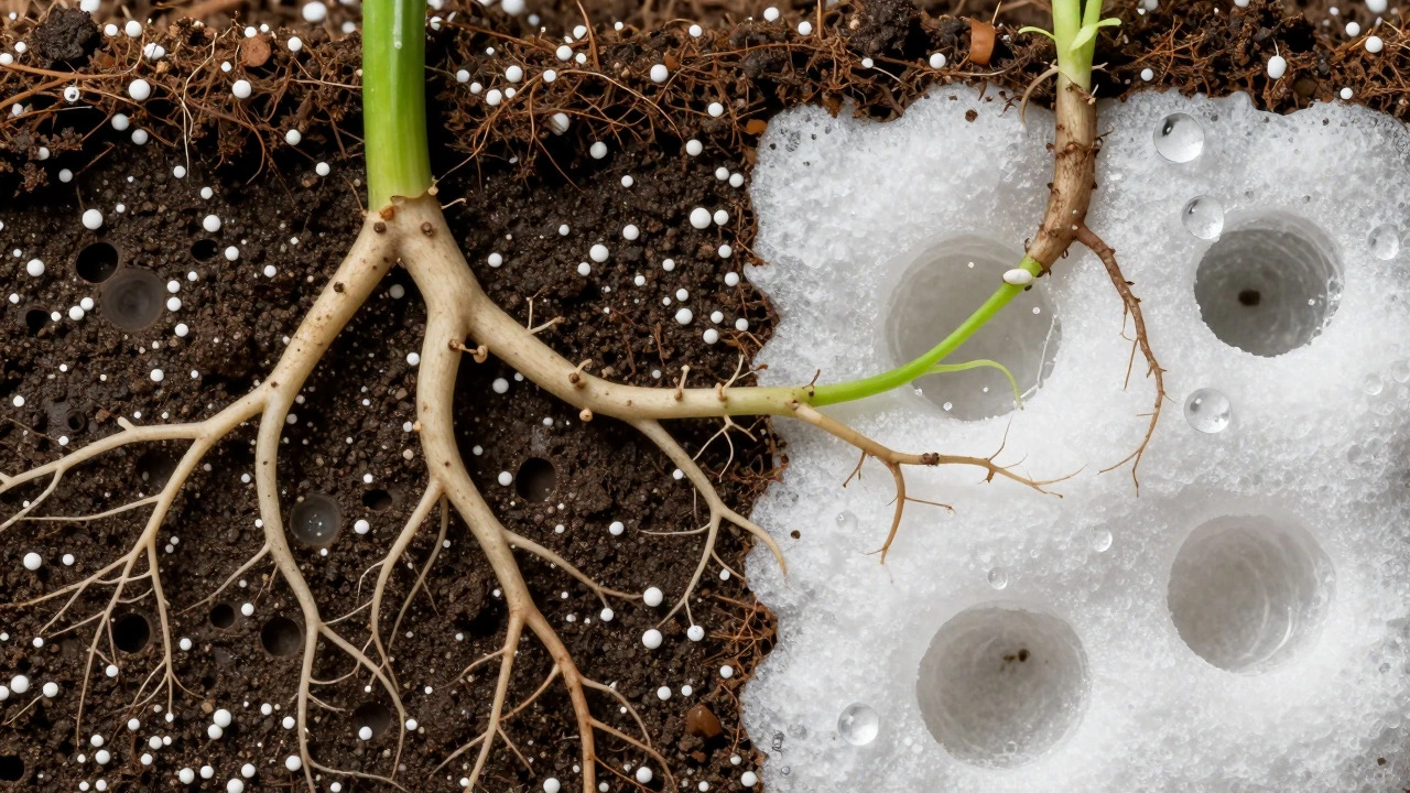 Cross-section of soil showing roots interacting with perlite and foam