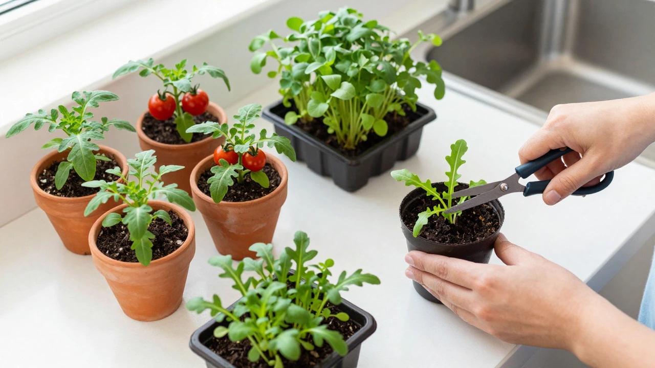 Dwarf tomatoes and microgreens on a counter with hands harvesting arugula leaves.