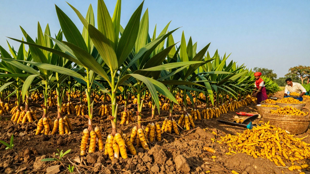Farmers harvesting golden turmeric roots in a sunny South Indian field
