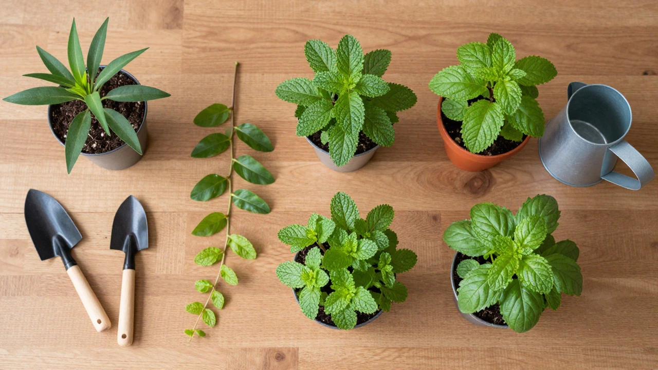 Flat lay of potted curry leaves, mint, tulsi, and malabar spinach