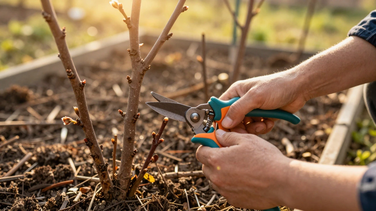 Gardener pruning a rose bush in golden sunlight to encourage blooms