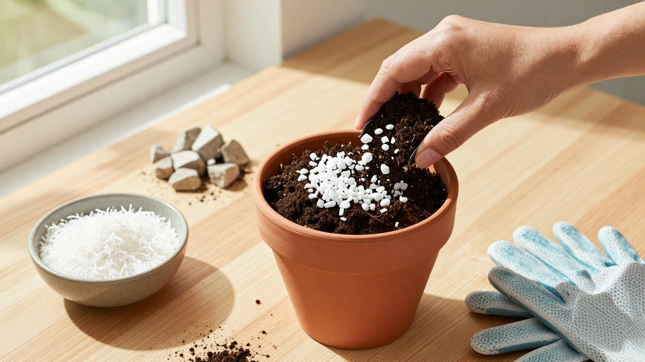Gardening setup with crushed styrofoam mixed into potting soil