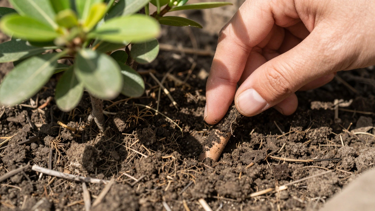 Hand checking soil moisture depth near plant roots in garden