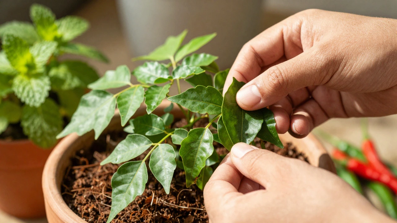 Hands harvesting fresh curry leaves from a potted shrub