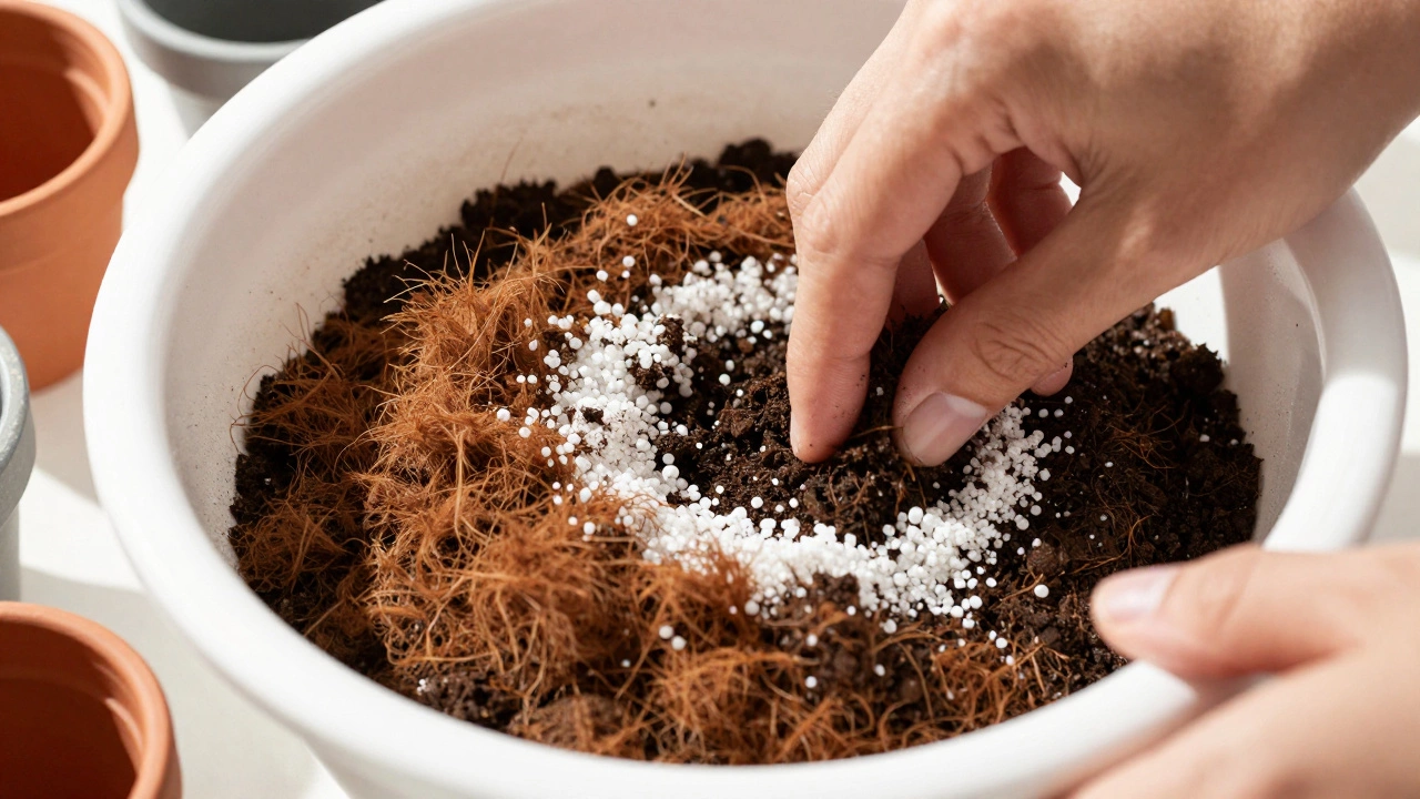Hands mixing coco coir, perlite, and compost to create lightweight potting soil.