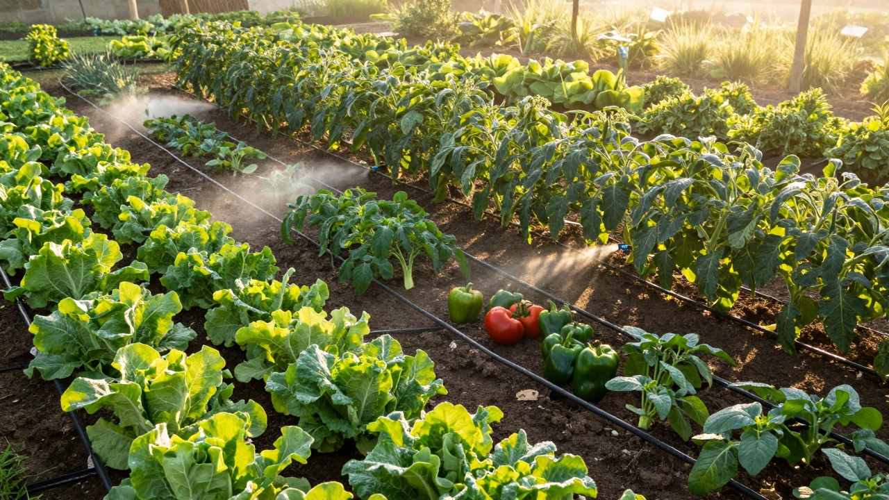 Lush vegetable garden with active drip irrigation system at sunrise