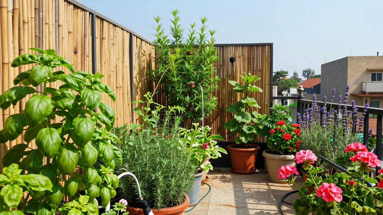 Thriving terrace garden with herbs, flowers, bamboo screens, and drip irrigation.