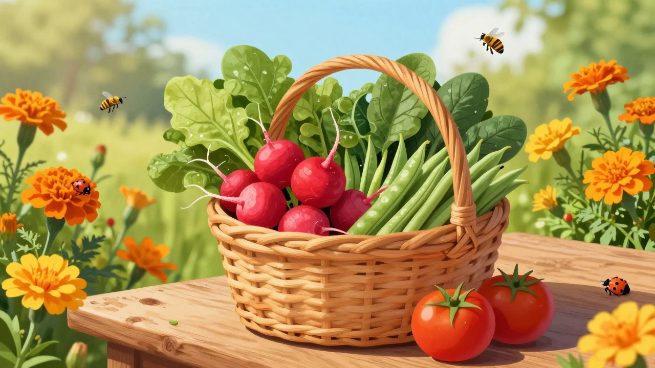 Basket of fresh harvested vegetables and flowers