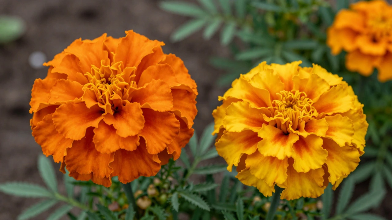 Close-up comparison of African and French marigold flower varieties