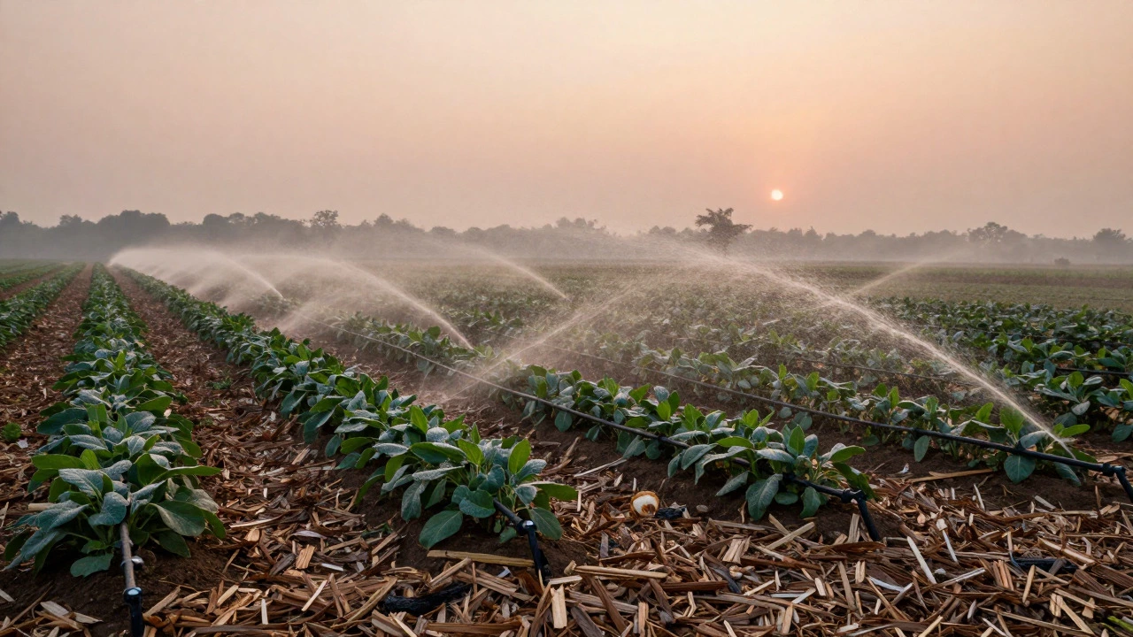 Drip irrigation lines in an Indian farm field at sunrise with mulch