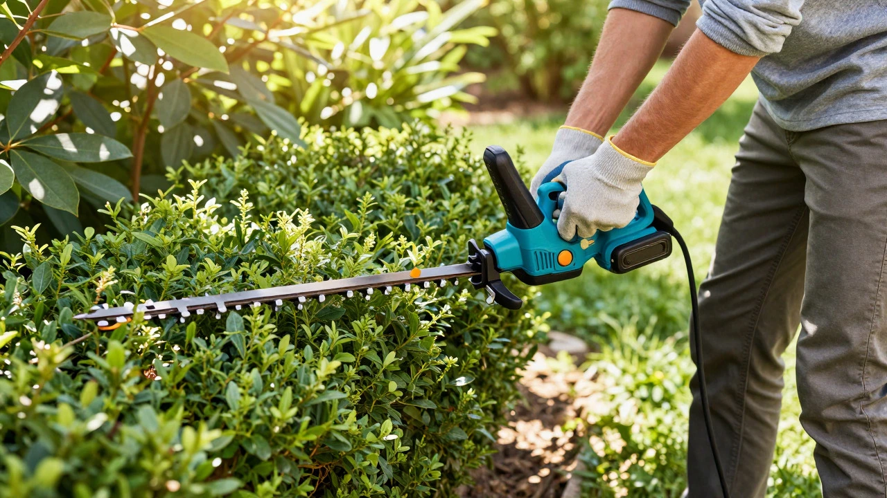 Gardener using a cordless hedge trimmer in a sunny backyard