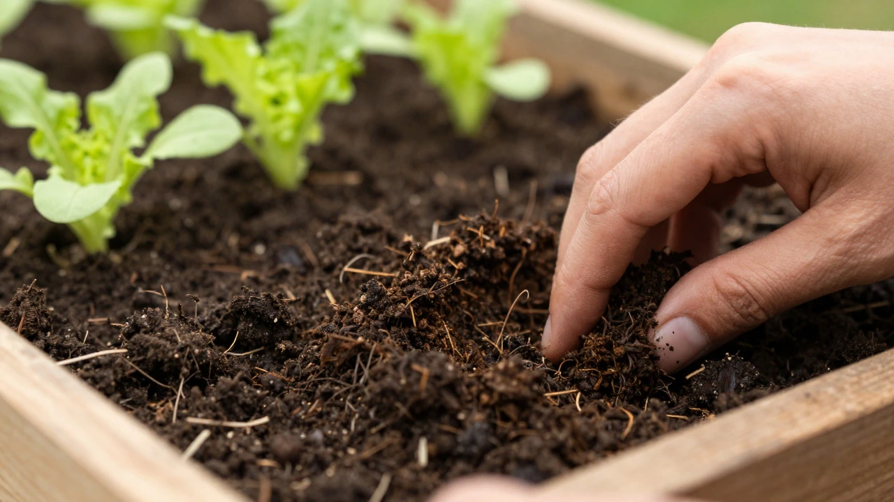 Hands mixing compost into rich soil in a raised bed