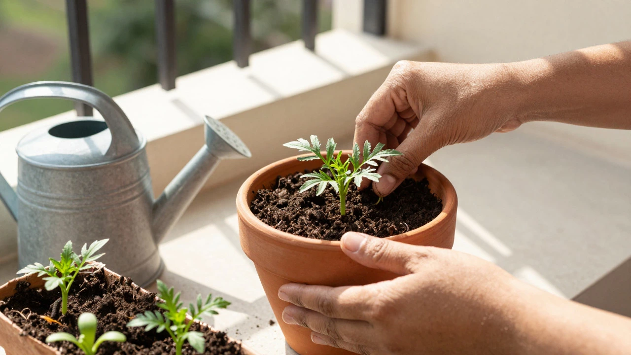Hands planting marigold seeds in a terracotta pot on a balcony
