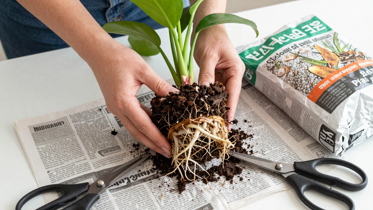 Hands unpotting a houseplant to reveal roots and prepare for repotting with fresh mix