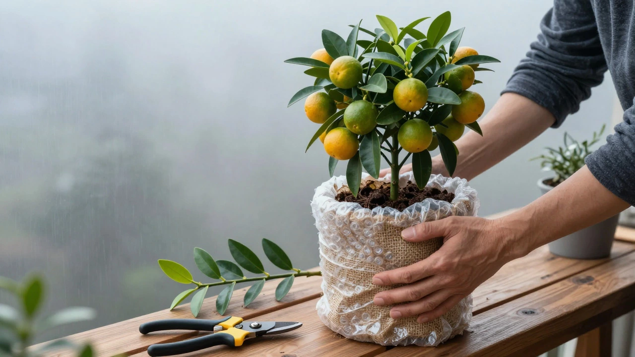 Hands wrapping a potted citrus tree in insulation for winter protection
