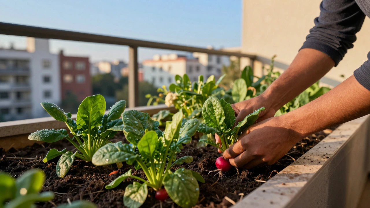 Harvesting winter greens from balcony garden
