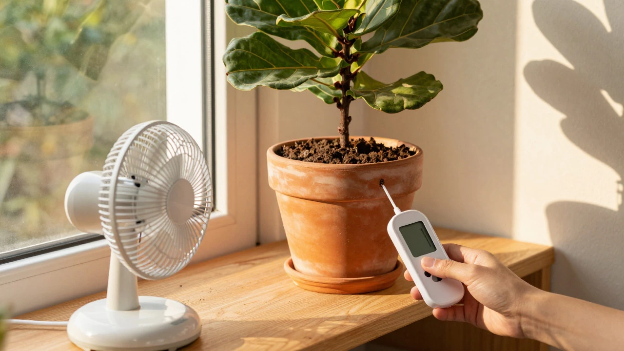 Healthy fiddle-leaf fig in a terracotta pot near a fan and window for better airflow