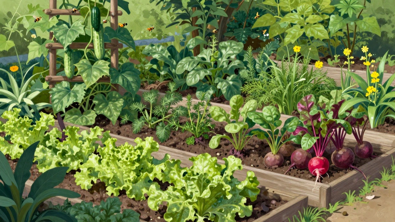 Layered garden with leafy greens shaded by tall cucumber vines