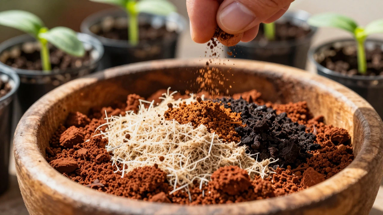 Mixing red soil, cocopeat, and compost