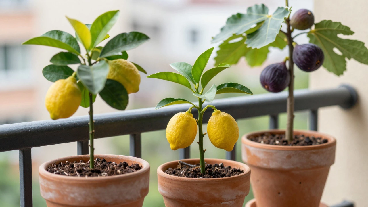 Potted dwarf lemon and fig trees with colorful fruit on a balcony