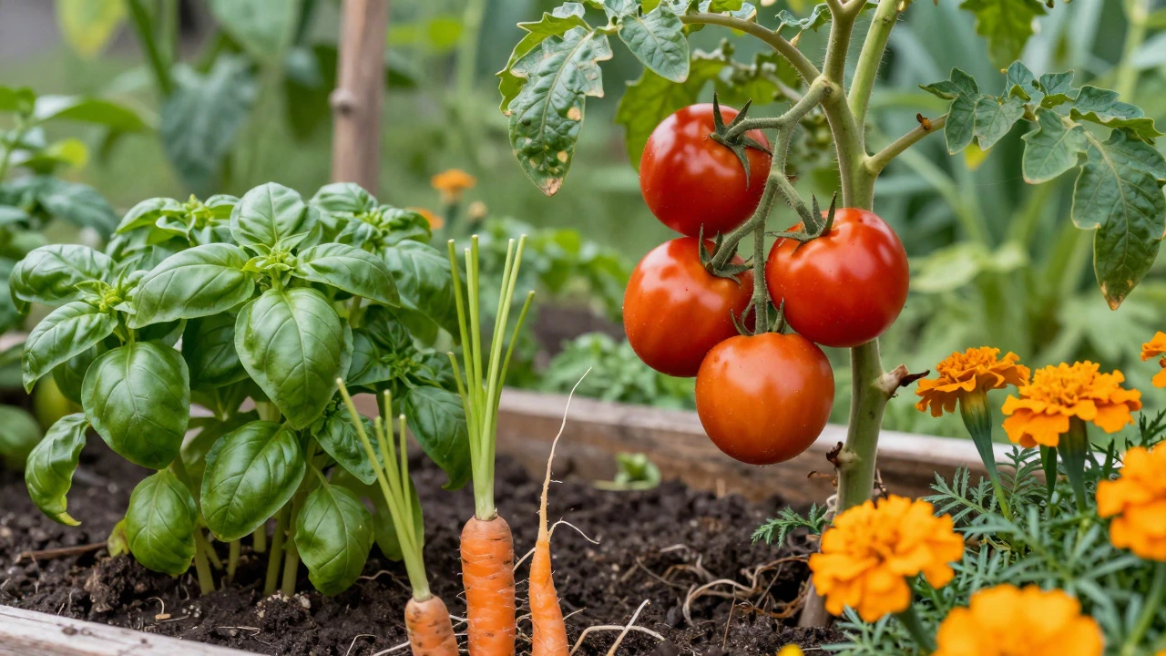 Tomato plants surrounded by basil and marigolds for pest control