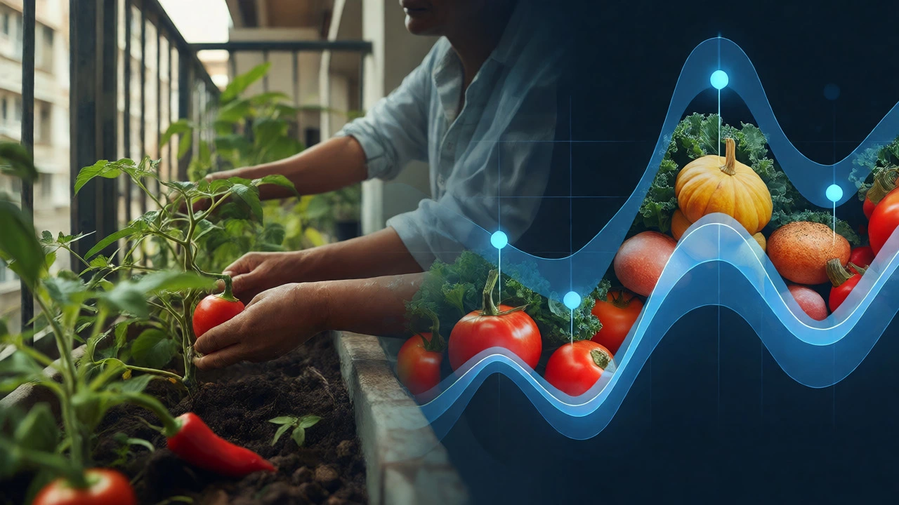 A conceptual blend of home gardening and market price trends affecting crops.