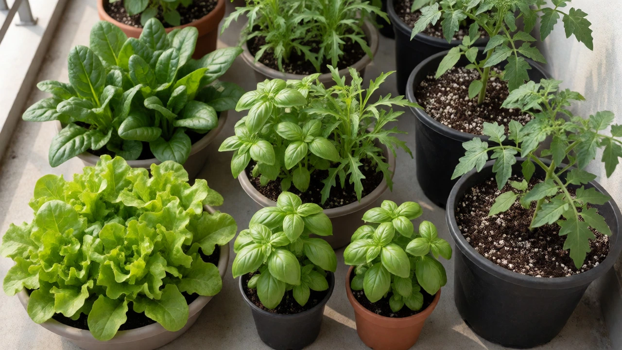 Assorted potted lettuce, herbs, and tomatoes arranged on a balcony