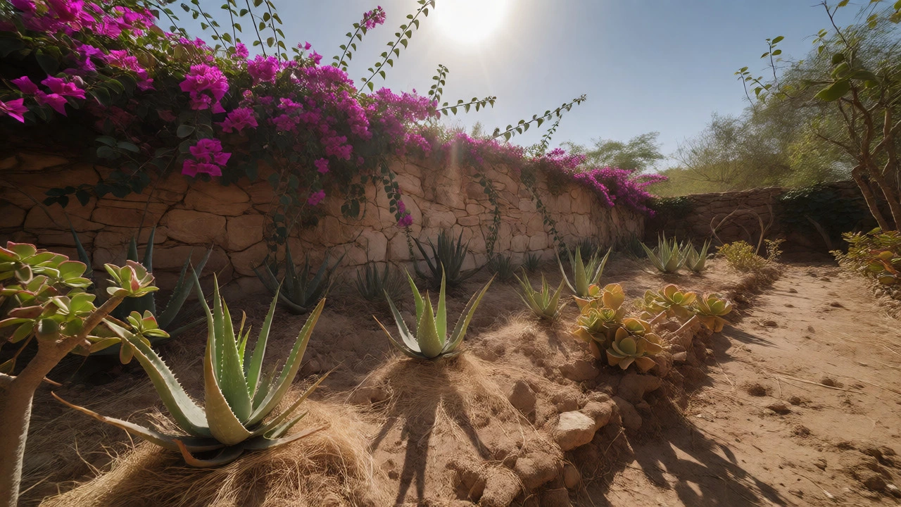 Bougainvillea and succulents surviving intense summer heat in an arid Indian garden