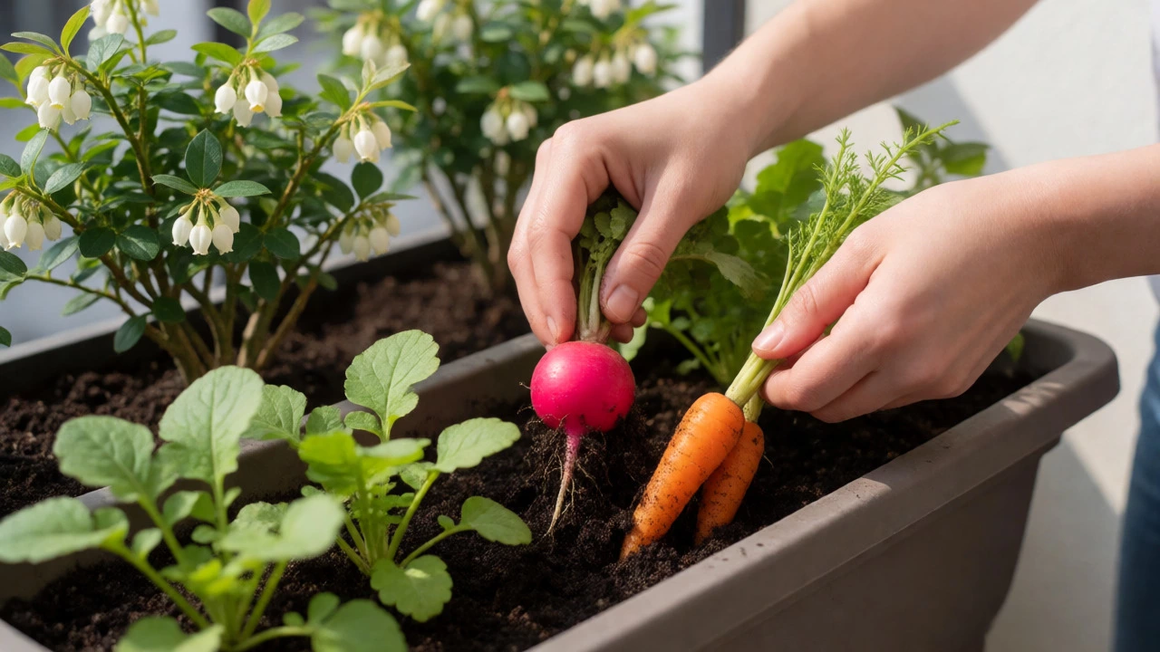 Hands harvesting radishes and carrots from a window box planter