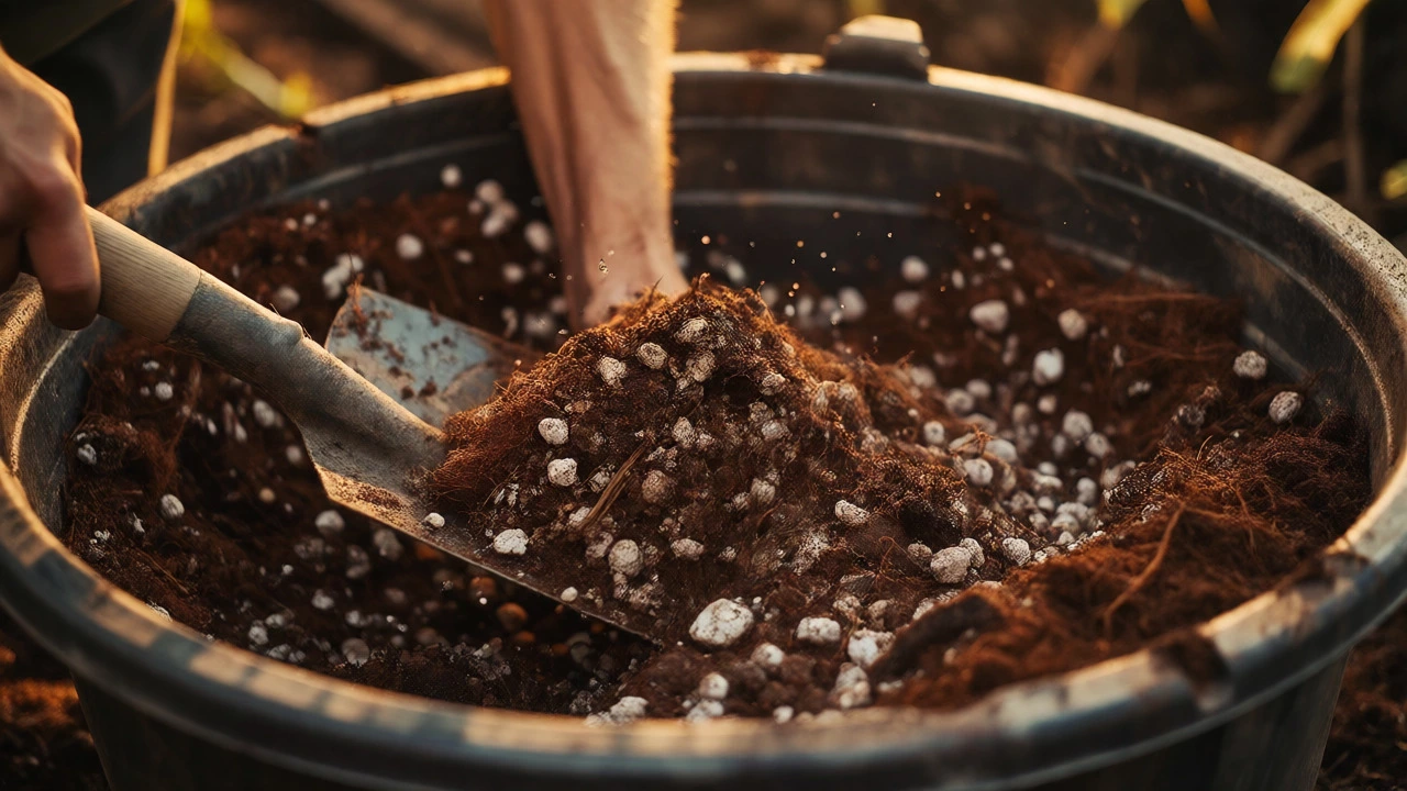 Hands mixing soil ingredients with a shovel in a large plastic tub